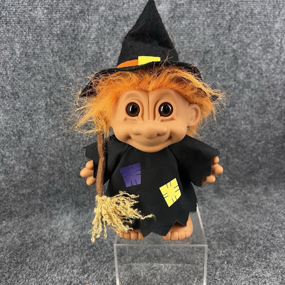 Vintage Russ Berrie Troll Doll 8" Witch w/Broom Hat Orange Hair Halloween Broom